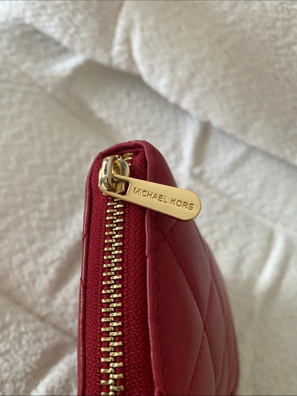 Michael Kors Quilted Red Leather Zip Around Continental Wallet w/ Gold Hardware